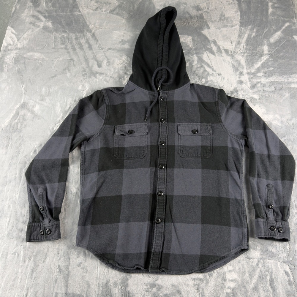 Express Mens Grey Black Buffalo Plaid Flannel Hooded Button Down Shirt Large